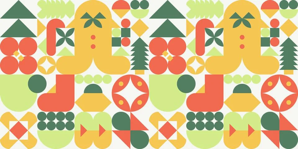 Geometric pattern. Christmas trees sock decorations candy cane in bauhaus sty Illustrazione stock