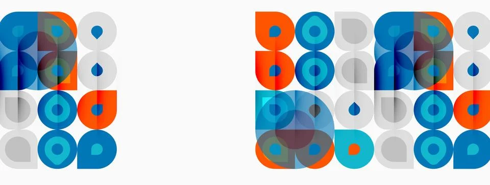 Geometric pattern. Circles, squares, rectangles repeat. Blue, orange, gray Stockillustratie