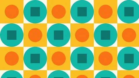 Geometric pattern with circles squares yellow orange teal background Stock Illustration
