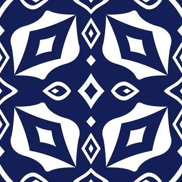 Geometric Pattern - Diamonds and Strange Flowers (Navy, White) Stock Illustration