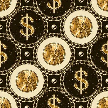 Geometric pattern with dollar sign, coins, chains Stock Illustration