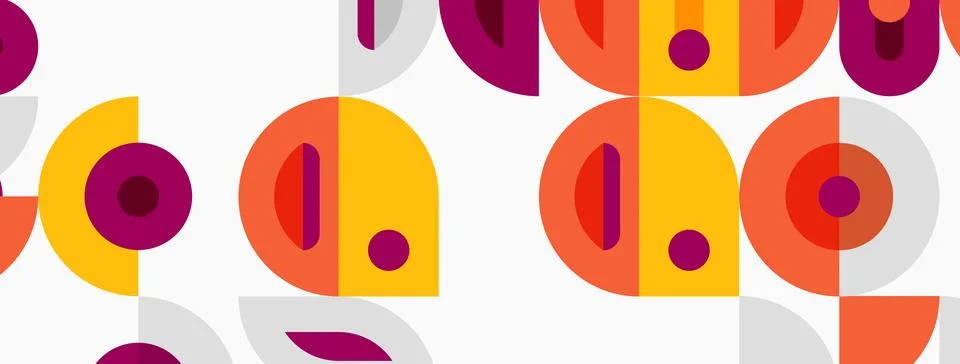 Geometric pattern features circles, semicircles, purple, orange hues. Minim.. 库存插图
