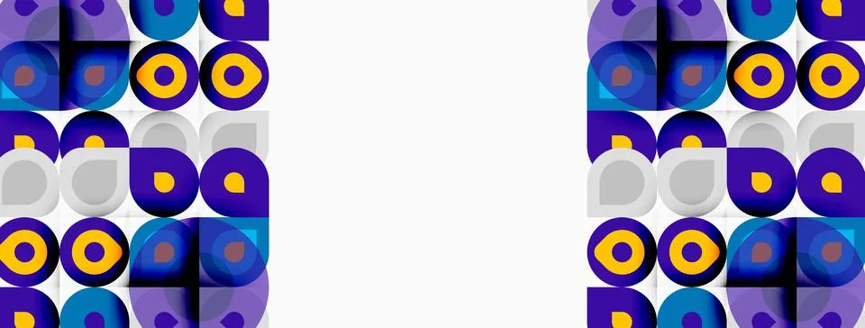 Geometric pattern features circles, squares. Purple, blue, yellow hues domina Stock Illustration