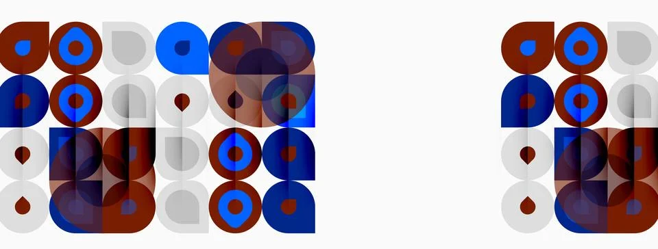 Geometric pattern features circles, squares, rectangles. Red, blue, gray colo イラスト素材