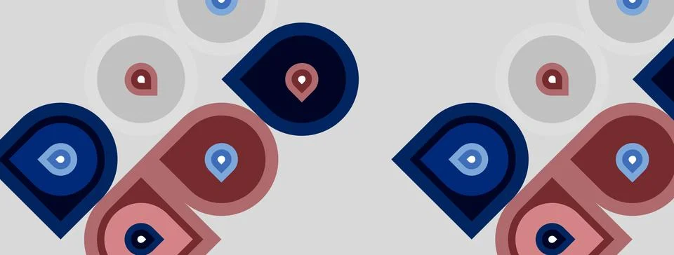 Geometric pattern features circles, varying shades blue, pink, gray. Repeatin Stock Illustration