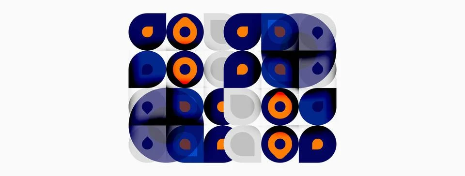 Geometric pattern features colorful circles, squares. Overlapping shapes crea 스톡 일러스트