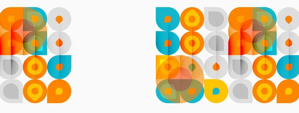Geometric pattern features colorful circles, squares, teardrops. Repeating Illustrazione stock