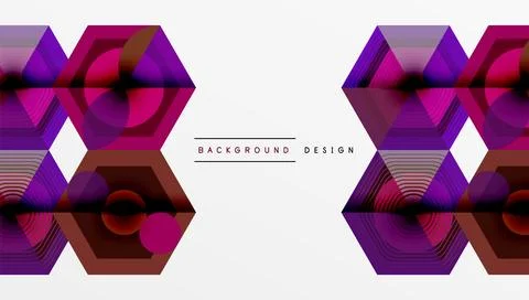 Geometric pattern features layered hexagons, purple hues, radial gradients. Illustrazione stock