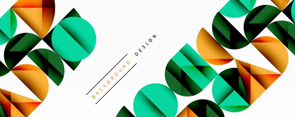 Geometric pattern features overlapping circles, squares. Orange, green, black Stock Illustration