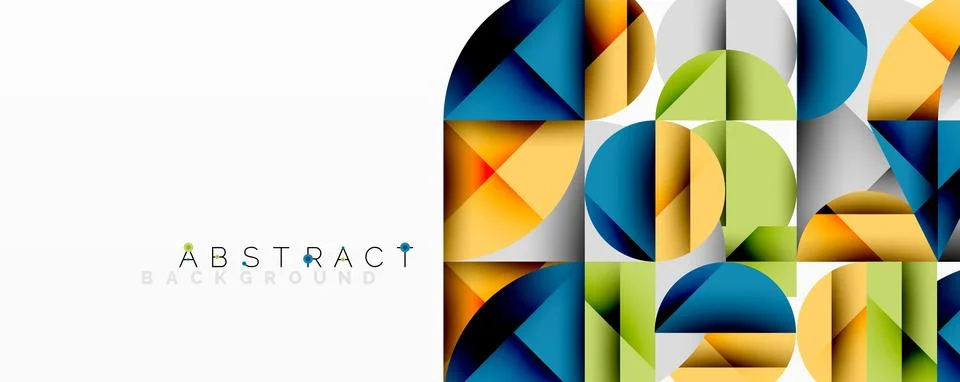 Geometric pattern features overlapping circles, squares, triangles. Bright Stock Illustration