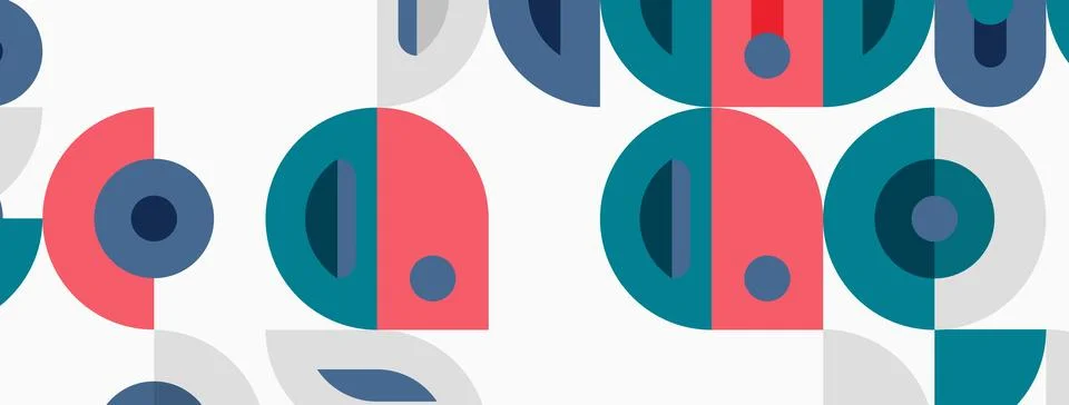 Geometric pattern features overlapping circles, semicircles. Colors include.. Illustrazione stock