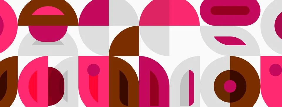 Geometric pattern features overlapping circles, rectangles. Pink, brown, gray Stock Illustration