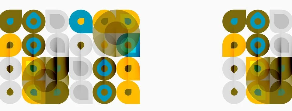 Geometric pattern features overlapping circles, squares, muted colors. Design 스톡 일러스트