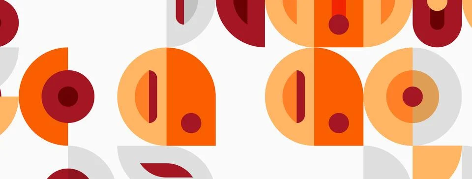 Geometric pattern features overlapping circles, rectangles. Warm colors dom.. Stockillustratie