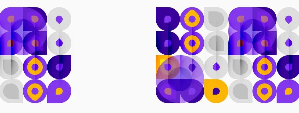 Geometric pattern features overlapping circles, squares, gradients. Purple, Stock Illustration