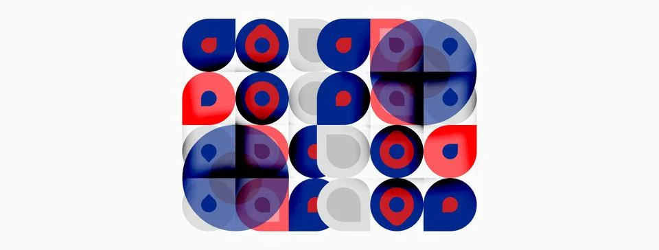 Geometric pattern features overlapping circles. Red, blue, gray colors create 스톡 일러스트