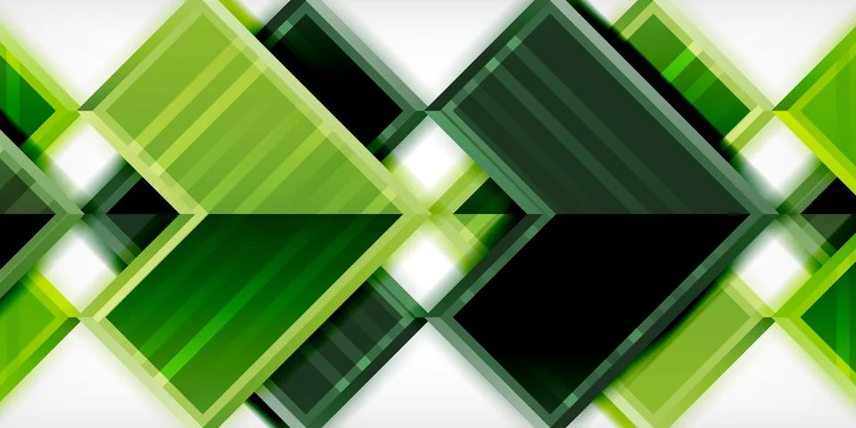 Geometric pattern features overlapping squares, varying green shades, white Stock Illustration