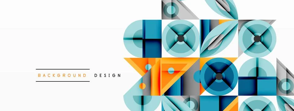 Geometric pattern features overlapping squares, circles, lines. Blue, teal, Stock Illustration