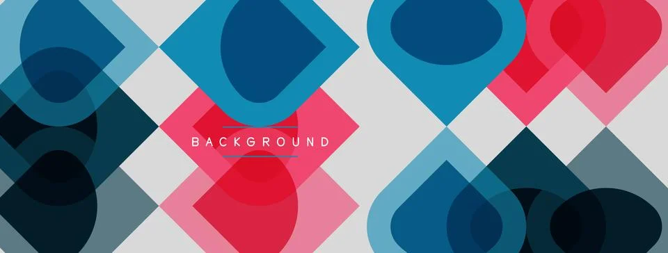 Geometric pattern features overlapping squares, circles. Colors include blue, Stockillustratie