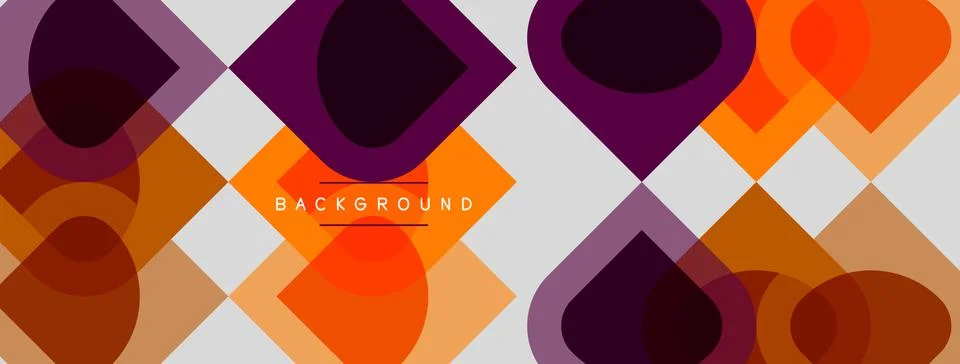 Geometric pattern features overlapping squares, diamonds, circles. Warm color Stock Illustration