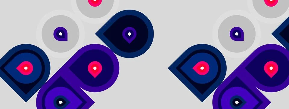 Geometric pattern features repeating dark purple shapes. Circles, rectangles, Stock Illustration