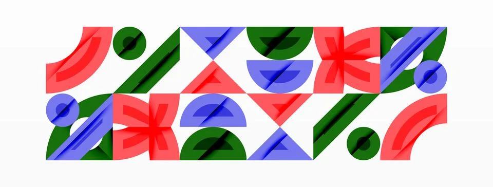 Geometric pattern features repeating floral motifs. Red, green, blue shapes Stockillustratie