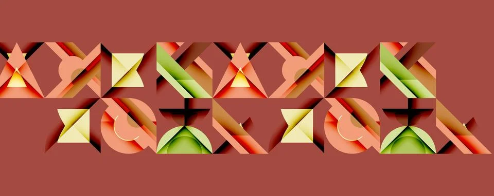 Geometric pattern features repeating shapes. Colors include orange, green, brown Stock Illustration