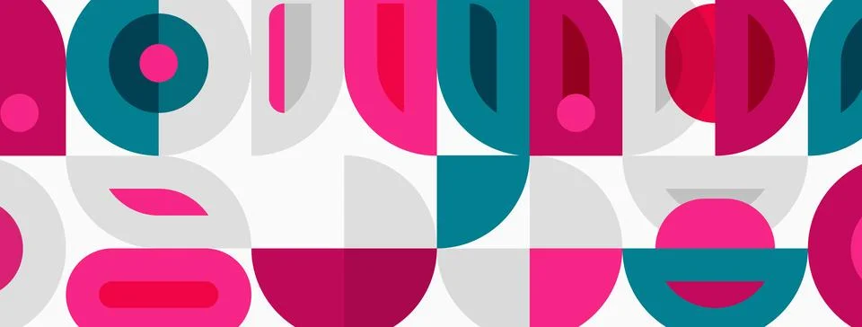 Geometric pattern features repeating shapes. Pink, teal, gray colors create Stock Illustration
