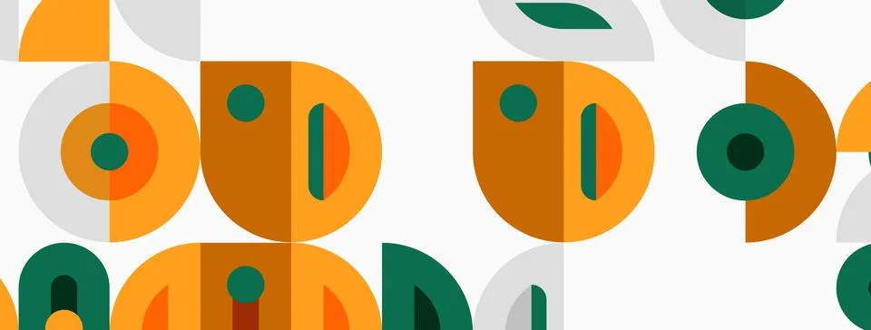 Geometric pattern features repeating shapes. Orange, green hues dominate de.. Illustrazione stock