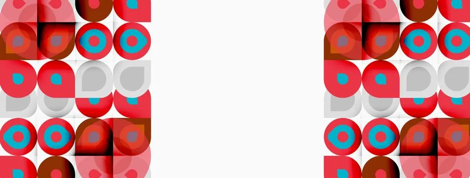 Geometric pattern features repeating squares, circles. Red, orange, teal colo イラスト素材