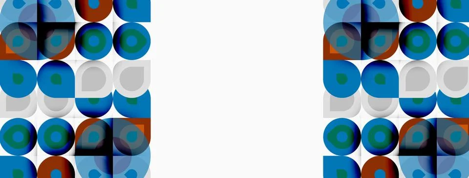 Geometric pattern features repeating squares, circles. Blue, orange, teal Illustrazione stock