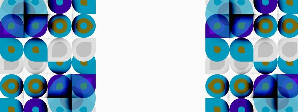 Geometric pattern features repeating squares, circles. Blue, teal, gold hues Illustrazione stock