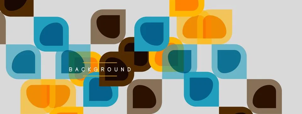 Geometric pattern features rounded squares. Colors include orange, blue, brow Stock Illustration