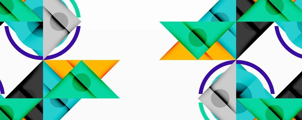 Geometric pattern features triangles, circles, squares. Teal, orange, gray hues イラスト素材