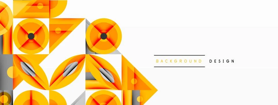 Geometric pattern features vibrant orange triangles, circles. Modern design Illustrazione stock