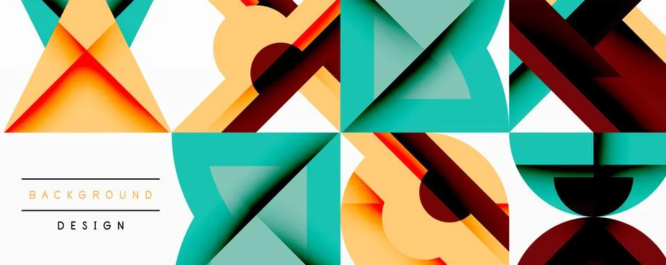 Geometric pattern features vibrant triangles, squares. Overlapping shapes create 스톡 일러스트