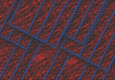 Geometric pattern featuring red and blue striped rectangles on a textured g.. Illustrazione stock