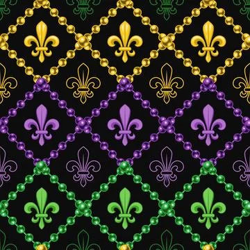Geometric pattern with fleur de lis. Diagonal square grid with string of bead Stock Illustration