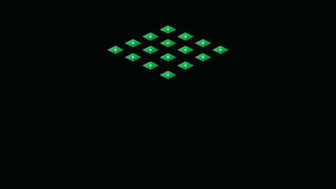 A geometric pattern of glowing green diamonds arranged on a black background Stockbeeldmateriaal 338310450