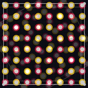 Geometric pattern of glowing neon circles with red yellow white colors on d.. Stock Illustration