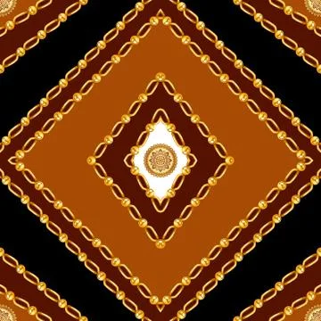 Geometric pattern with gold chains,  jewelry seamless pattern on black  and brow Stock Illustration