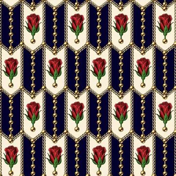 Geometric pattern with gold chains, red roses Stock Illustration