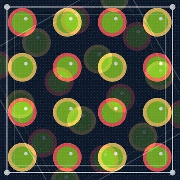 Geometric pattern of green circles with red and yellow borders on dark grid.. Stock Illustration