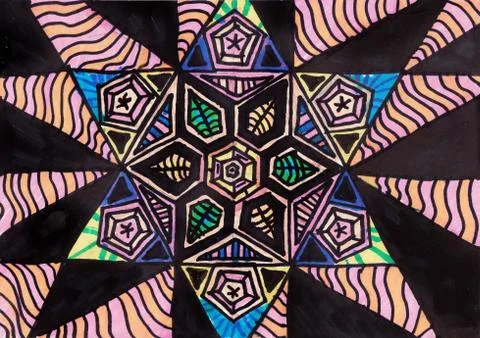 Geometric pattern hand drawn on paper with black marker and color pencils in the Stock Illustration