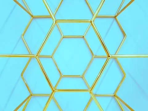 Geometric pattern of hexagons made of metal in gold color on a blue backgroun Stock Photos