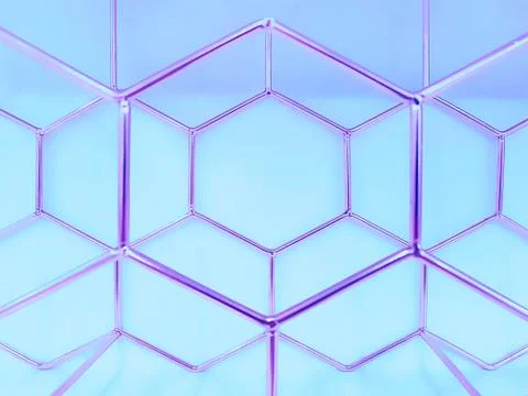 Geometric pattern of hexagons made of metal in purple on a blue background. C Stock Photos