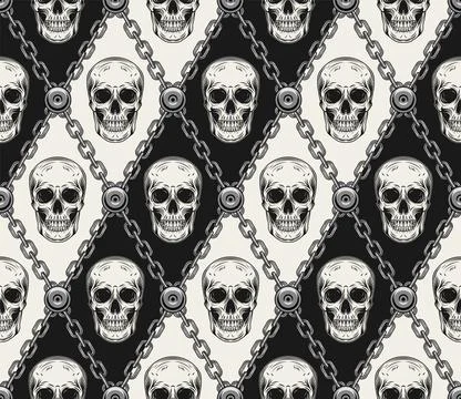 Geometric pattern with human skulls, steel chain Stock Illustration