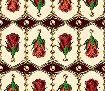 Geometric pattern with jewelry chains, roses Illustrazione stock