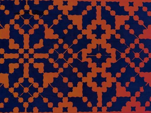 Geometric pattern with orange ethnic ornament on dark blue background. Stock Illustration