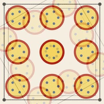 Geometric pattern of overlapping circles with dots and red borders on light.. Stock Illustration